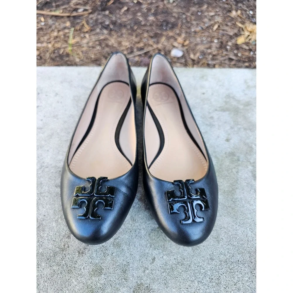 Tory Burch Lowell‎ II Ballet Flat 7M Black Leather Logo Classic Chic Capsule ~